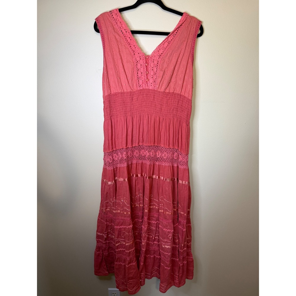 Anandas Collection Pink Boho Maxi Dress Crochet Lace Embroidered Smocked Large